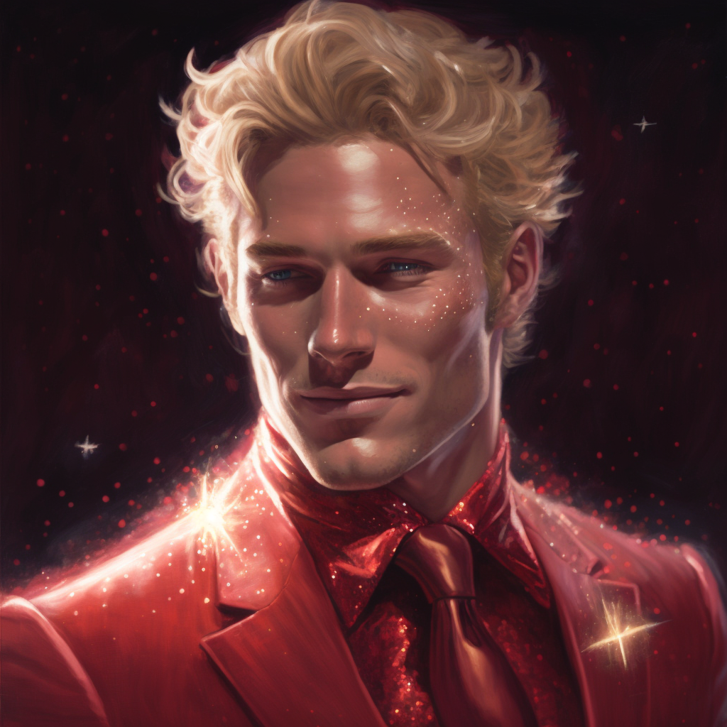 Portrait of Lux, who resembles a handsome white man with a fancy swoop of blond hair. He&#39;s wearing a sparkling red suit, and his skin is shiny as well.