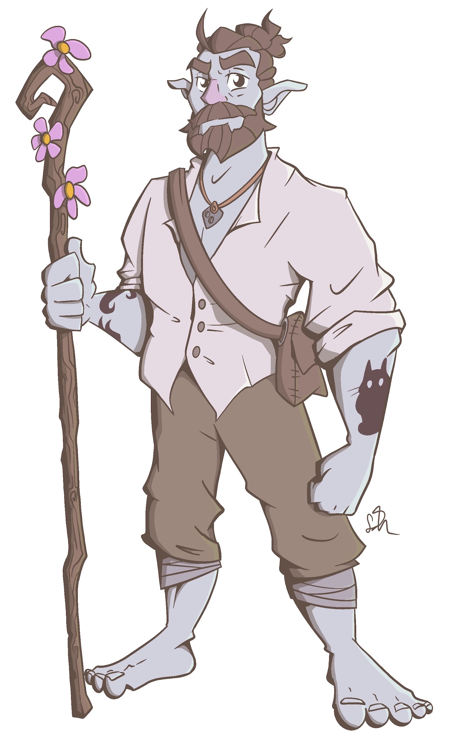 A tall, bluish firbolg wearing an off-white buttoned shirt and khaki capri pants. He has a staff covered in flowers in his hand, and isn't wearing any shoes. His arms have visible tattoos.